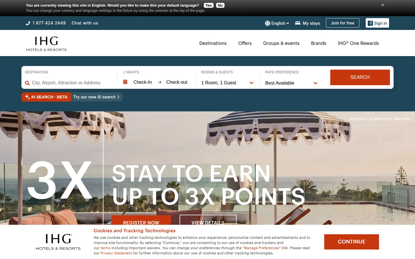 The IHG reservation page on desktop: a search bar for destination, dates, rooms and guests and rate preference above a “Stay to earn up to 3X points” offer.