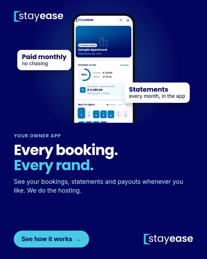 The Stayease owner app on a phone: a sample apartment, this month’s bookings and the next payout.