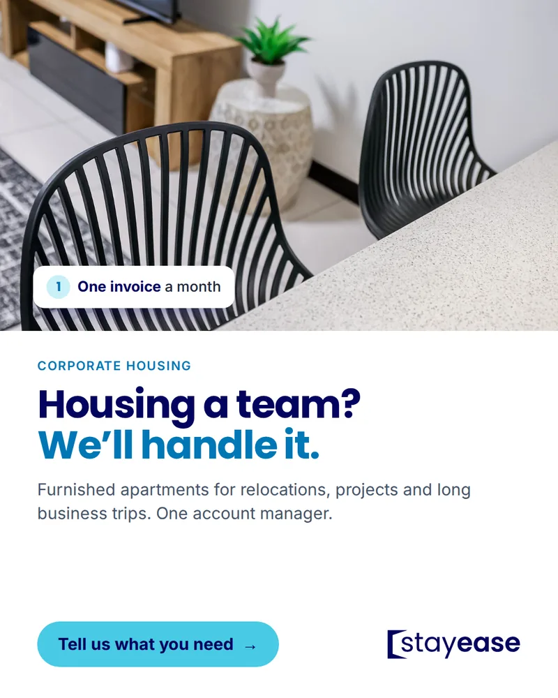A Stayease ad: “Housing a team? We’ll handle it.” over a furnished apartment.