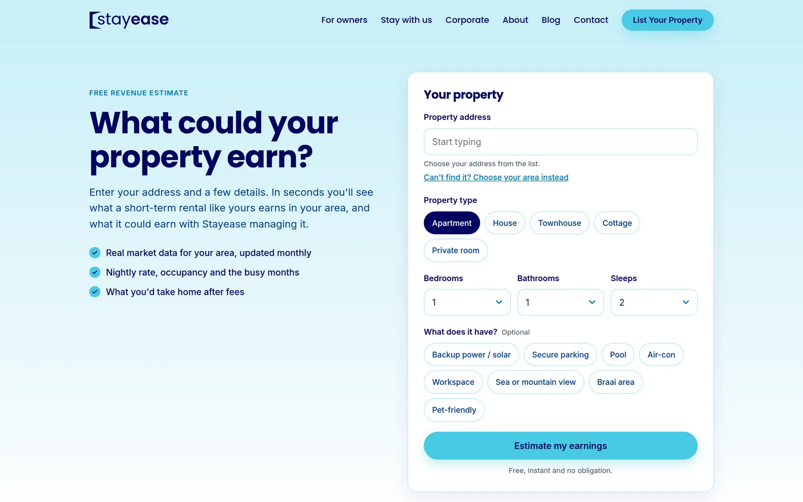 The Stayease estimator: “What could your property earn?” with the address, property type, rooms and features.