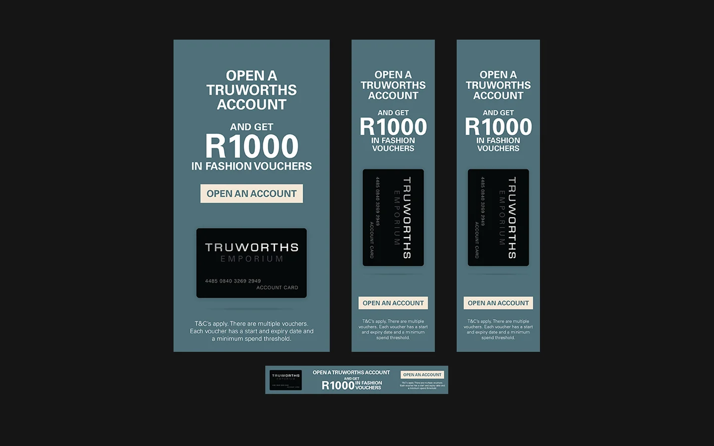 Four Truworths display banners on a dark background: “Open a Truworths account and get R1000 in fashion vouchers”, with a black Truworths Emporium account card and an “Open an account” button.