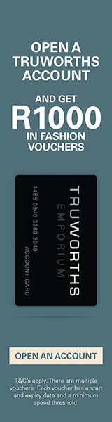 Truworths skyscraper banner, 160 by 600: the same offer with the account card turned on its side.