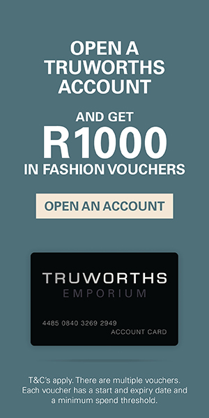 Truworths banner, 300 by 600: open a Truworths account and get R1000 in fashion vouchers, with an “Open an account” button above the account card.